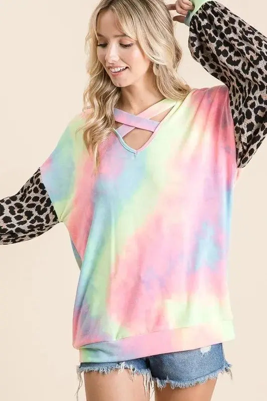 BiBi Tie Dye Terry Top with Leopard Puff Sleeves - Love Salve